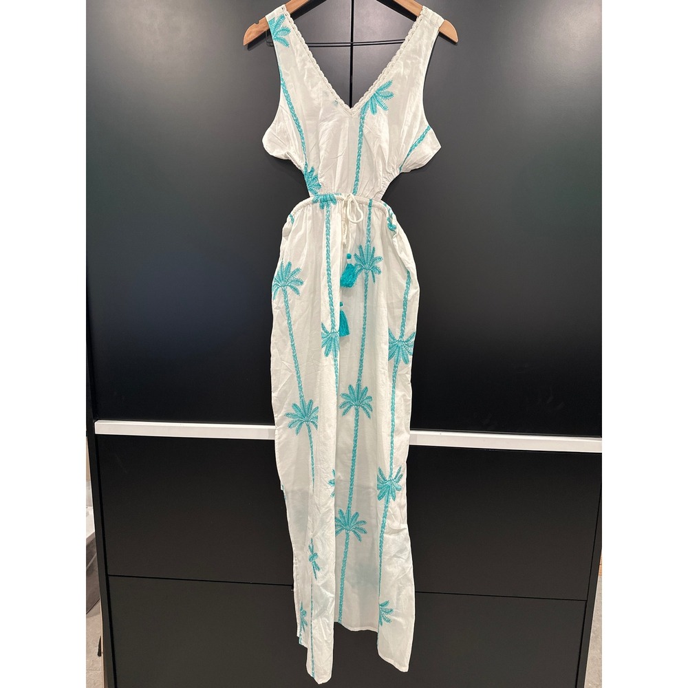Surf Gypsy New White Aqua Palm Tree Embroidered Cut-Out Maxi Dress Small TX13885
